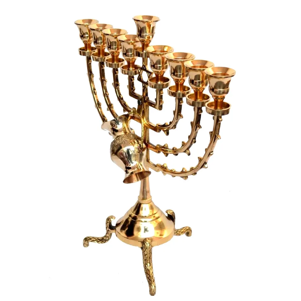 Best  Quality  Antique Large 15 Inch Brass 9 Branch Temple Menorah Judaica 12 Tribes Candle Stick Holder Jewish Oil Hanukkah