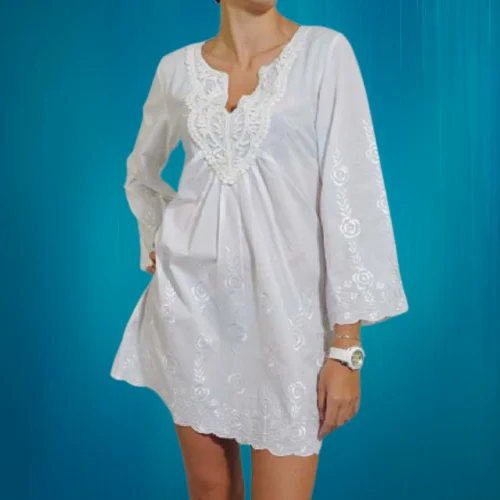 White Embroidered Pure Cotton Ladies Top kaftan schiffli tunic