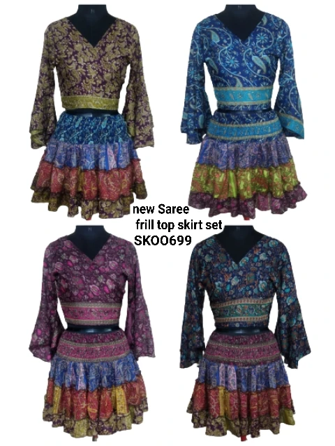 2021New saree Clothing Casual A-Line Boho silk and saree Sexy Mini Skirts and top Lace Up Mini 2 Pieces Set Silk Satin Dress