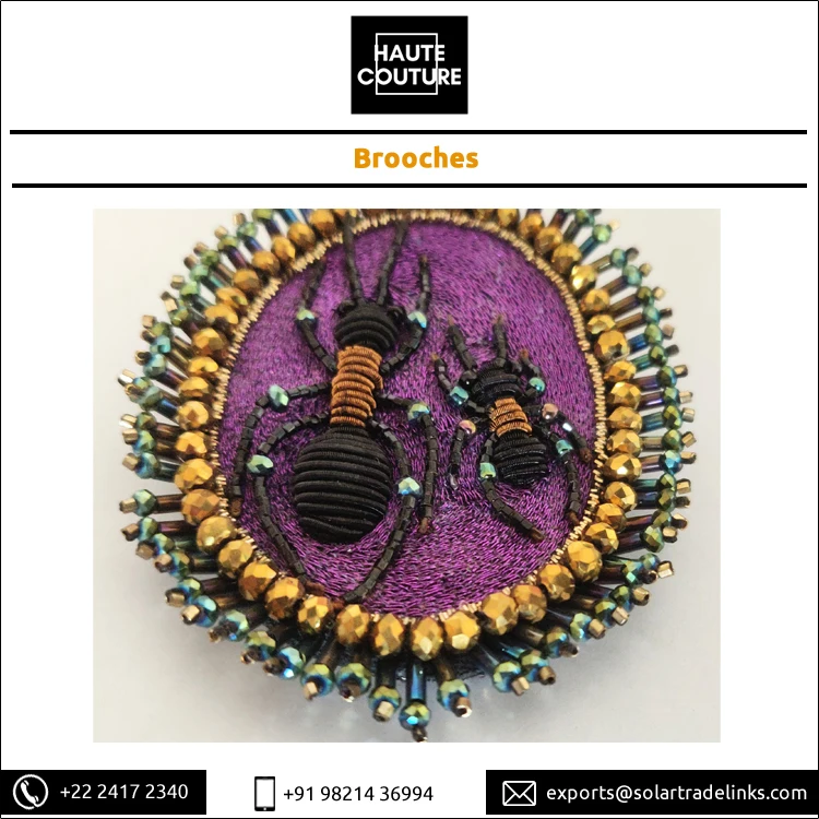 Manufacturer & Exporter of Handmade Metallic Bullion Thread Embroidered Miyuki Beads Made Ants Brooch