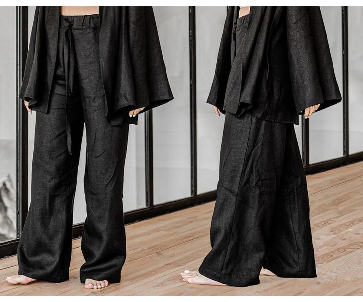 Custom Two Piece Black women linen pants kimono harem lounge wide leg parachute baggy sweatpants organic yoga boho trousers for