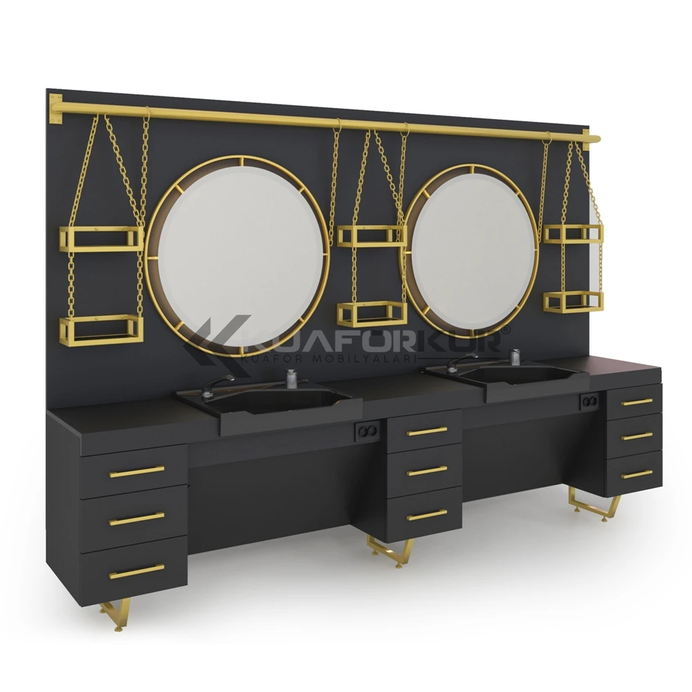 Wholesale Modern Gold Work Station Barbershop Furniture Barber Station Led Light behind the Mirror Manufacturer Company
