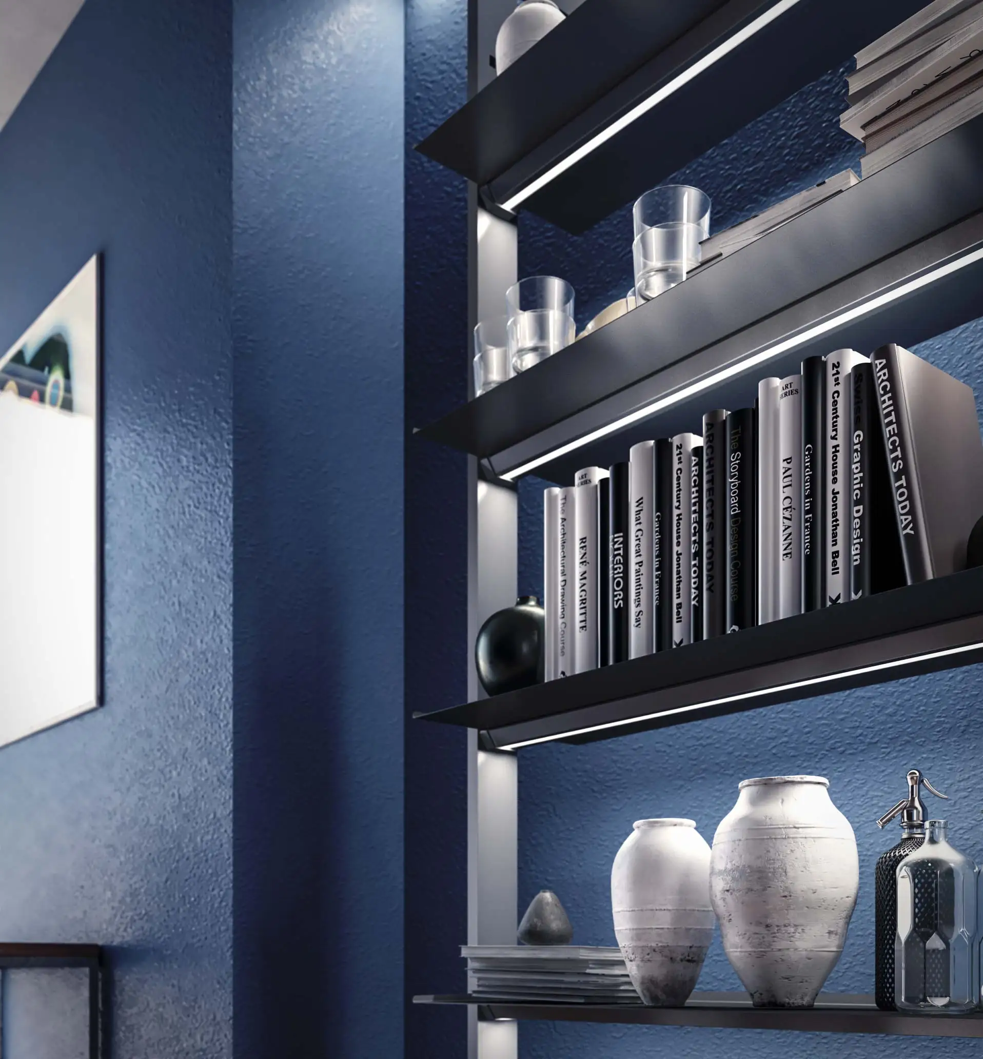 Made in italy modular wall-mounted bookcase with metal or wooden shelves for home and office