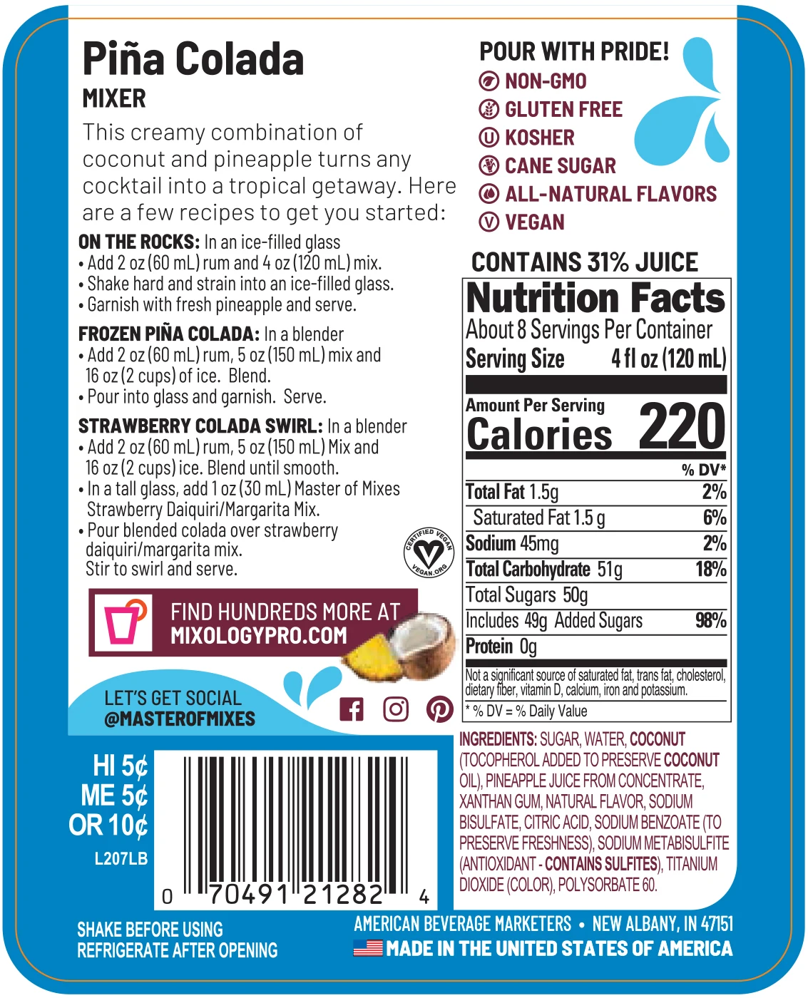  Мастер смесей Pina Colada - 1 литровая готовая к использованию безспиртовая Коктейльная смесь
