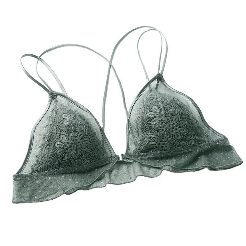 Factory high quality fashion New French Rimless Lace Thin Front Button Back Lingerie Sexy Triangle Cup Teen Bra Set