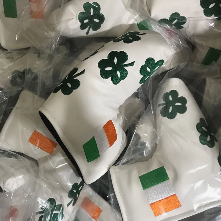 wholesale white pu Green Shamrock stitched golf blade putter club head covers with magnet closure