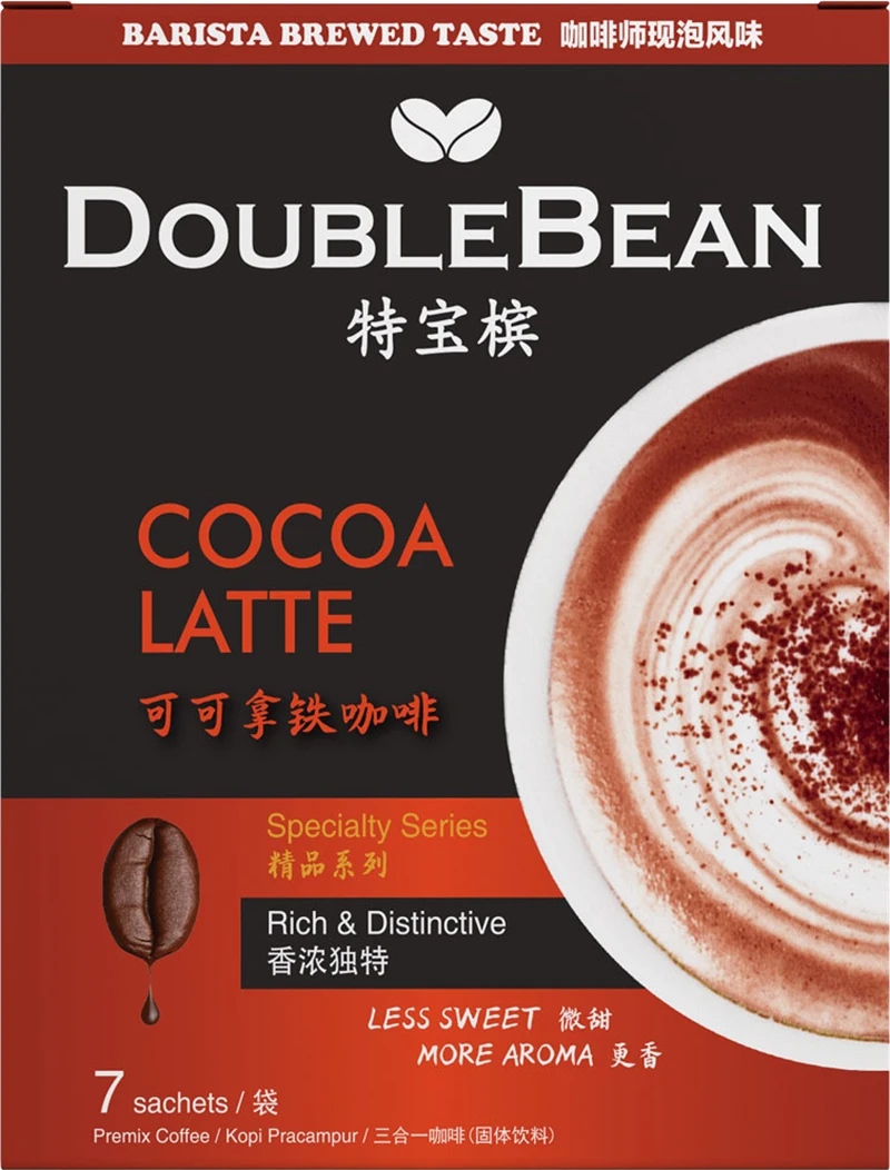 
HOT Selling DOUBLEBEAN Cocoa Latte 3 in 1 Coffee HALAL Instant Premix Mocha Premium High Quality Malaysia White Coffee 