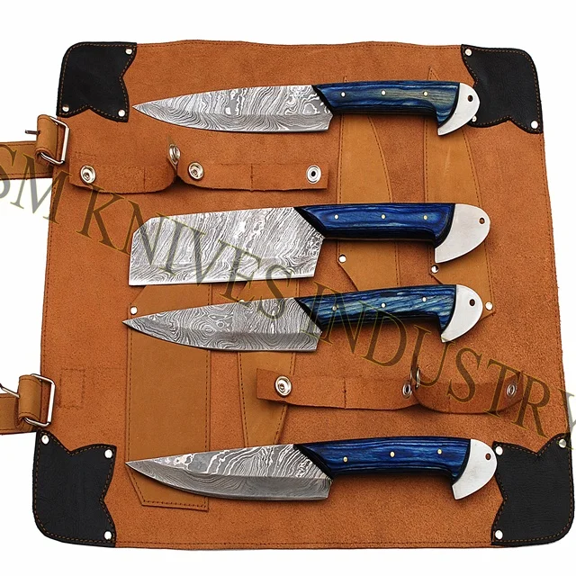 Hand Made Damascus  4  pieces kitchen knives set with leather kit (Smk1080)