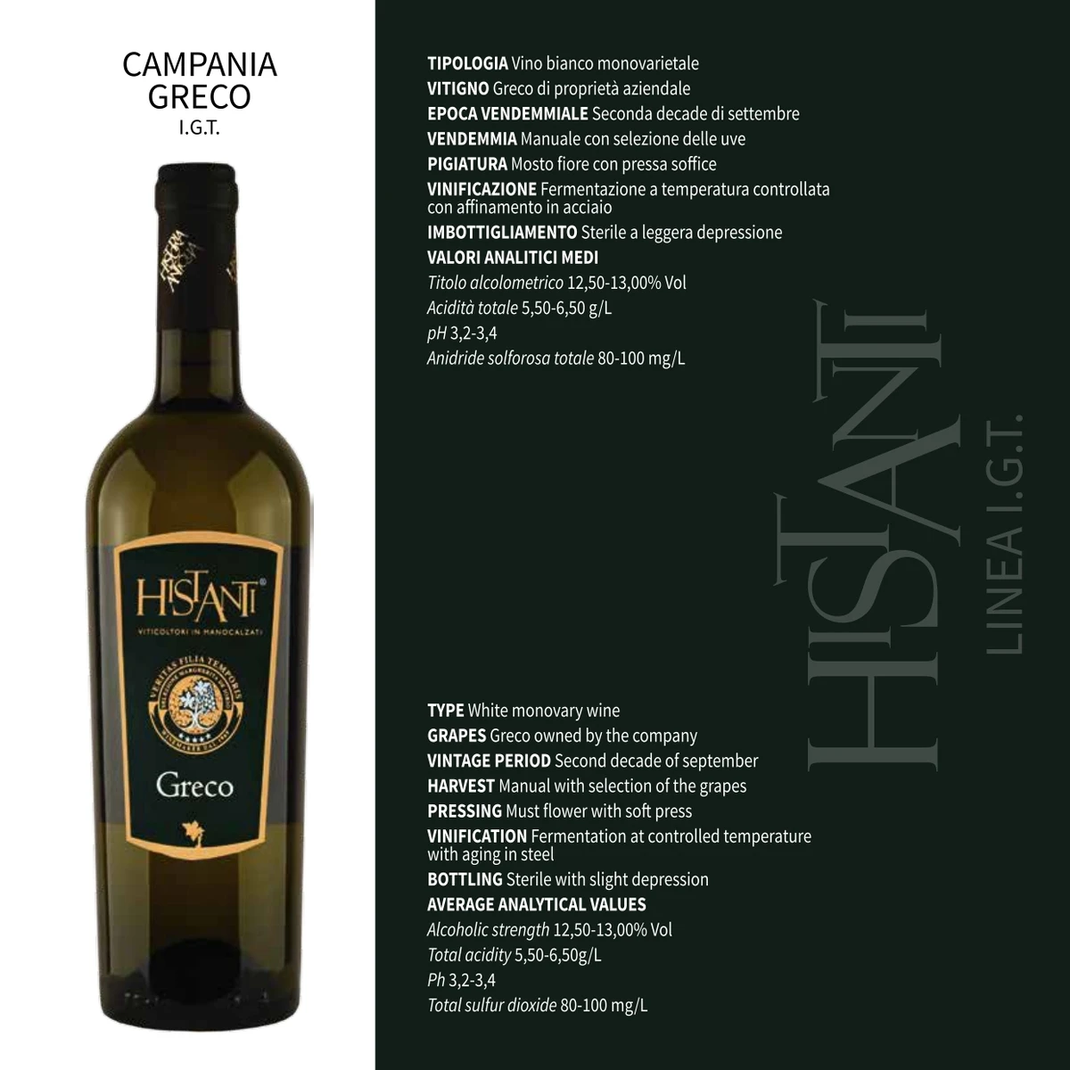 high quality white italian table wine CAMPANIA GRECO IGT has beautifully brilliant medium plus straw yellow color