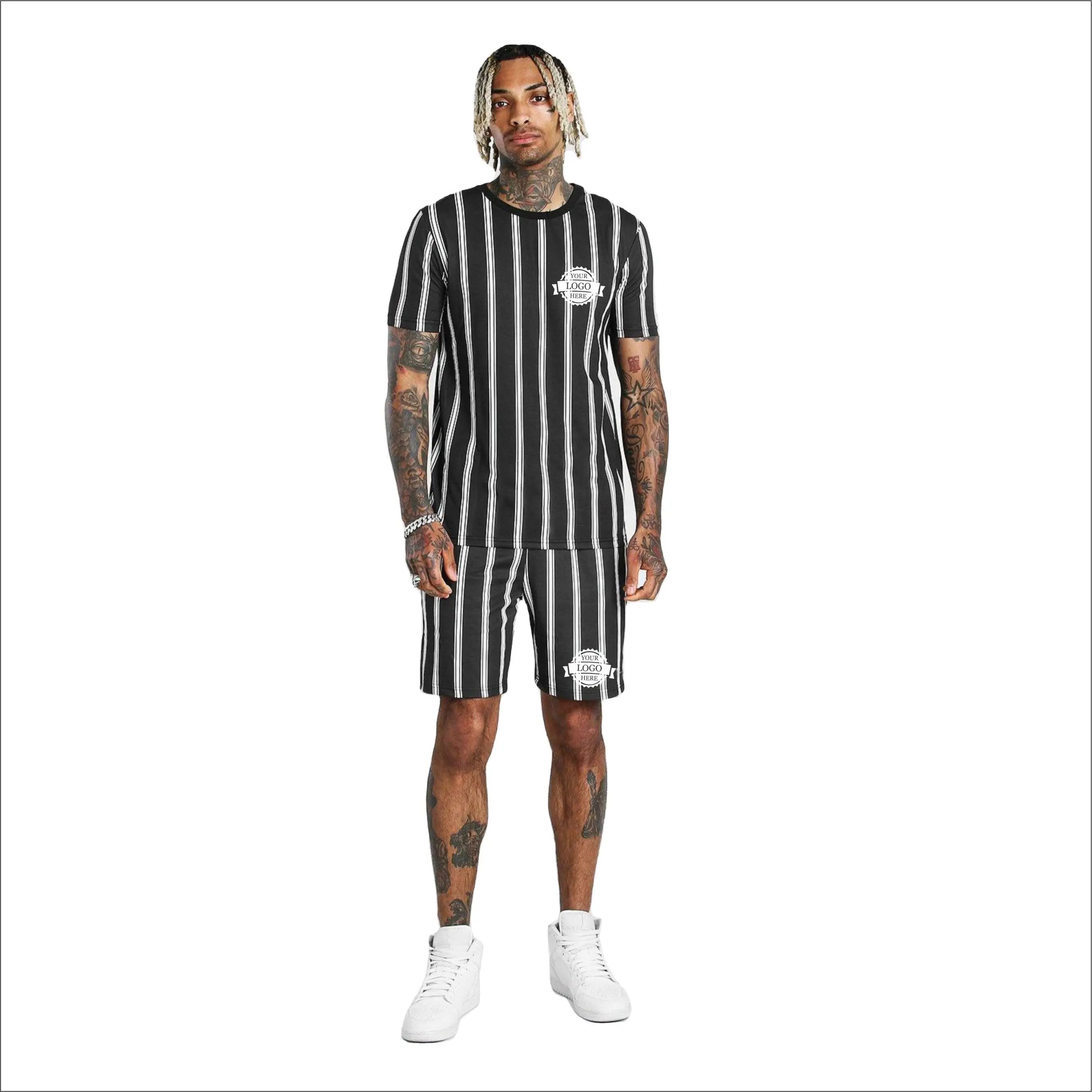  Полностью сделанный на заказ хлопковый двойной комплект шорты и футболка с боковыми полосками вашим собственным дизайном