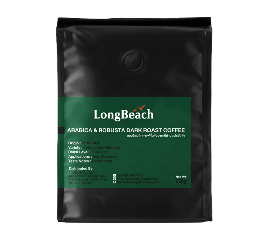 Арабика и робуста LongBeach, темный обжаренный кофе 250 г. (RD & OEM производитель в Таиланде)