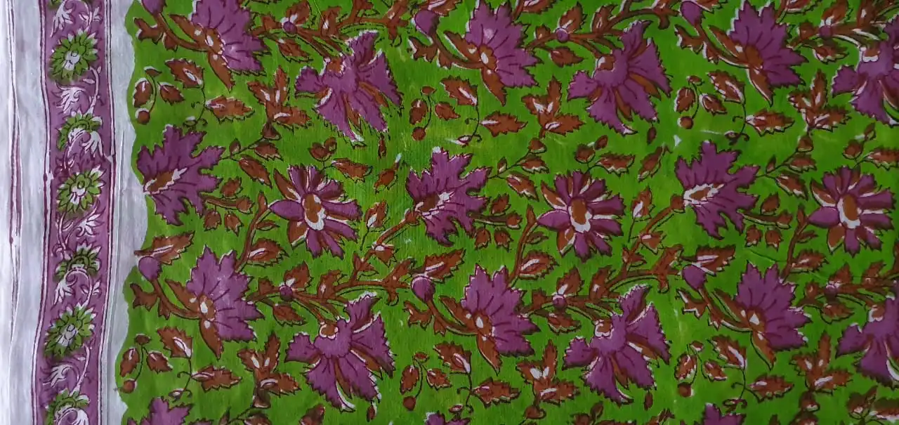 High Quality Organic Cotton Fabric Designer Print Green Color Lotus Floral Print Hand Block Print Cotton Fabric for Stitching