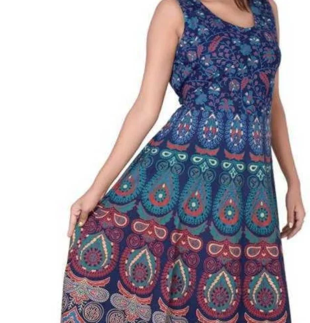 
100% Cotton Rajasthani Indian Traditional Print Hand Block Mandala Peacock Women Maxi Long Dress 