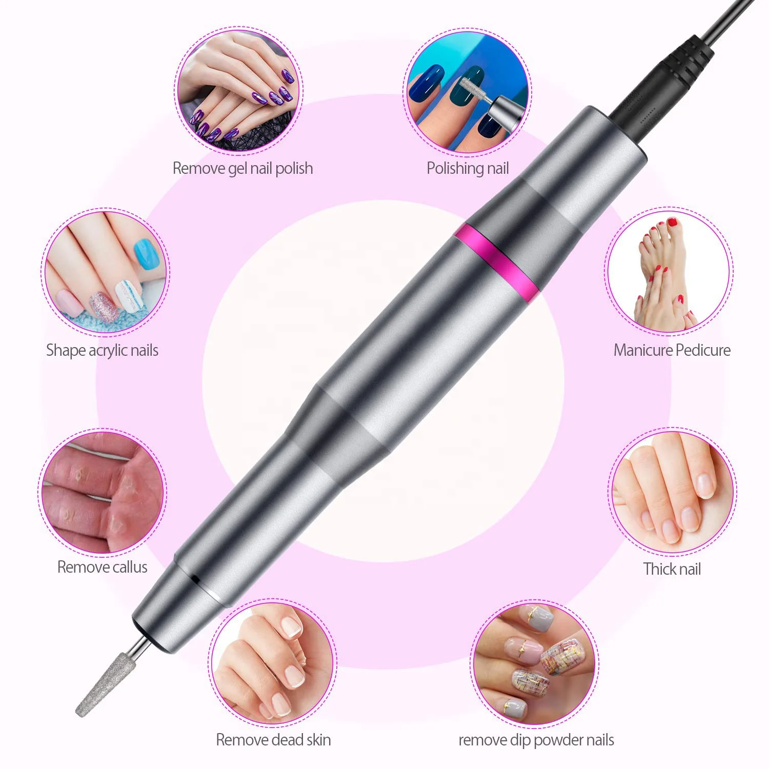 
Electric Nail Drill, Upgraded Professional Nail File Portable Manicure Pedicure Drill Kit for Acrylic Nails, Gel Grinder Tools 