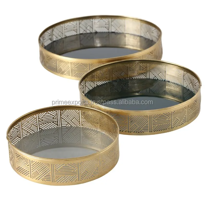 Round copper antique with green solid metal serving trays for home hotels and restaurant decor Indian handmade metal trays