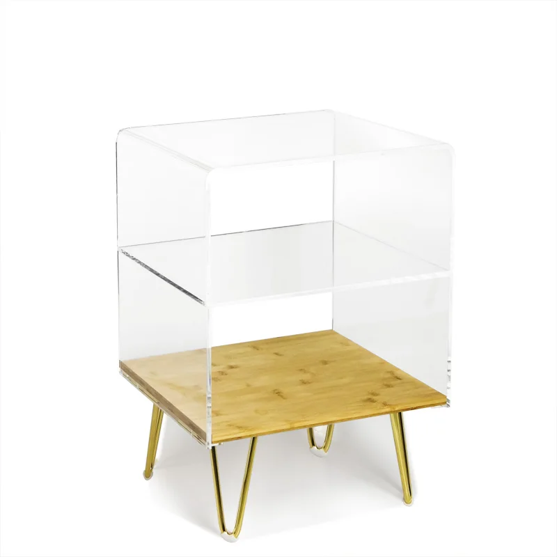 Clear Acrylic Side Table With Bamboo Partition Metal Foot
