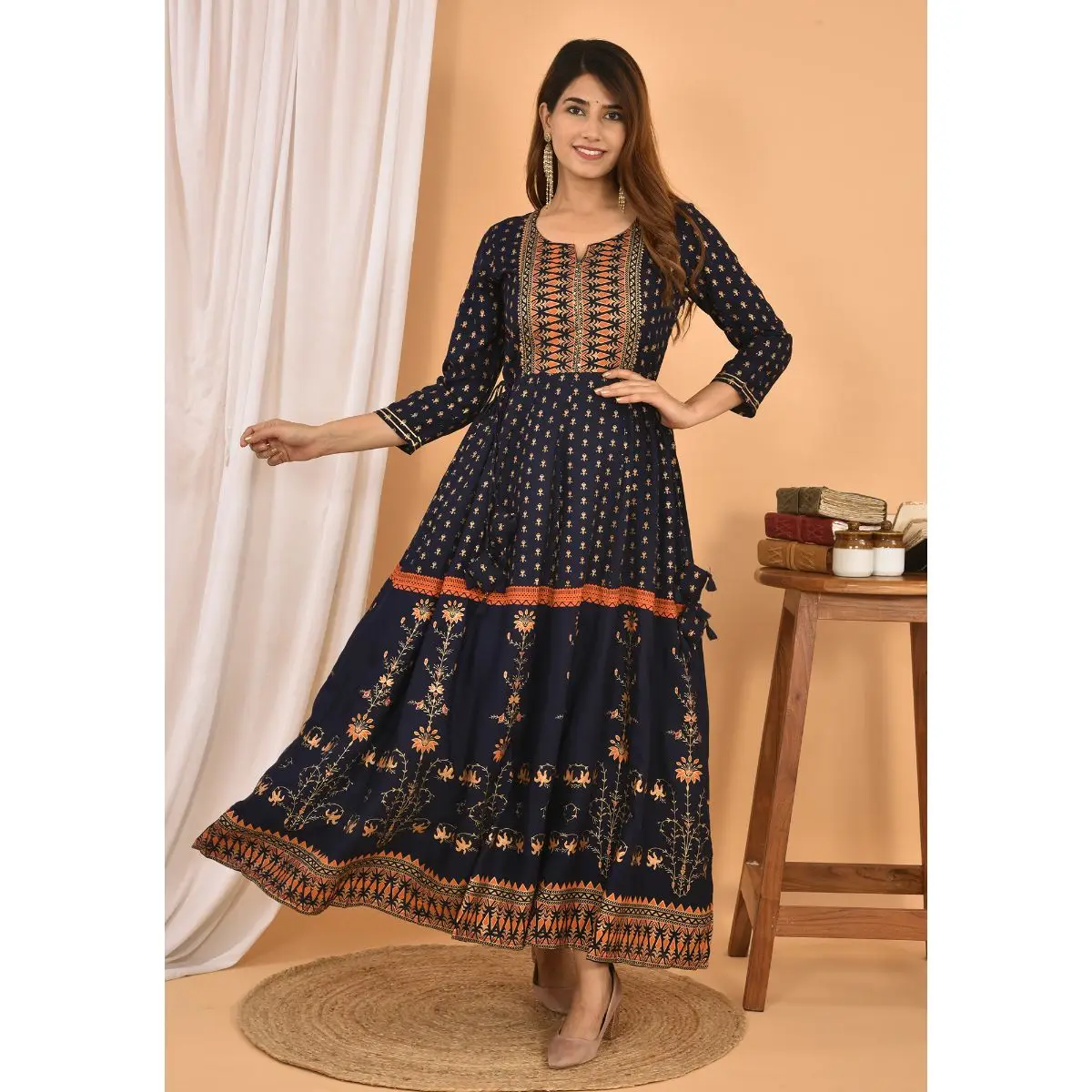 Blue Orange Gold Printed Cotton Ethnic Gown