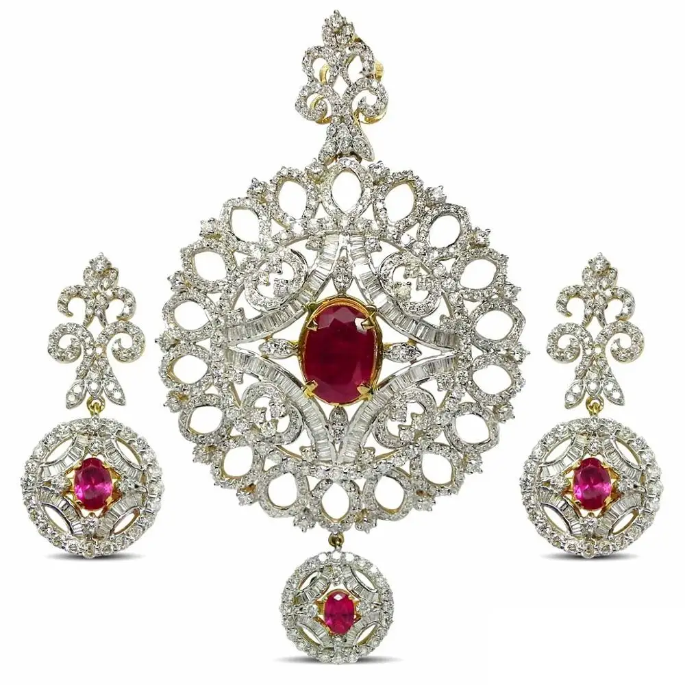 
Women Necklace Set Design Round Shape 14kt White Gold with Ruby & High Quality Round Diamonds Necklace Set 