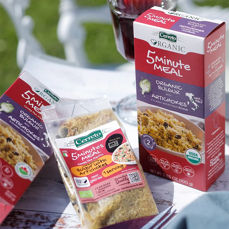 
High Quality Italian Organic Ready to cook meal Bulgur with Artichokes ready in 5 minutes in microwave 100g 