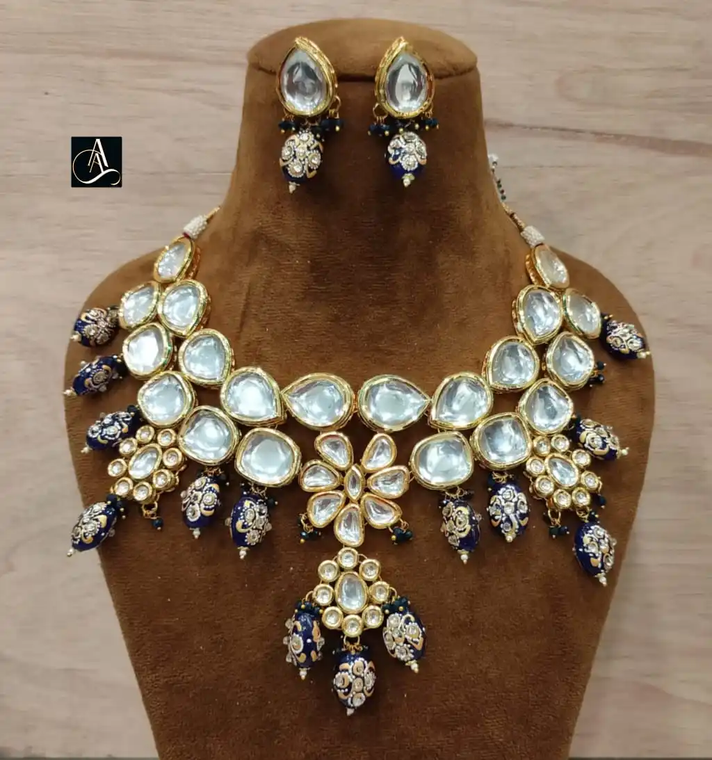 Big kundan stone and gold plated indian bridal heavy necklace with long earring in M Creation