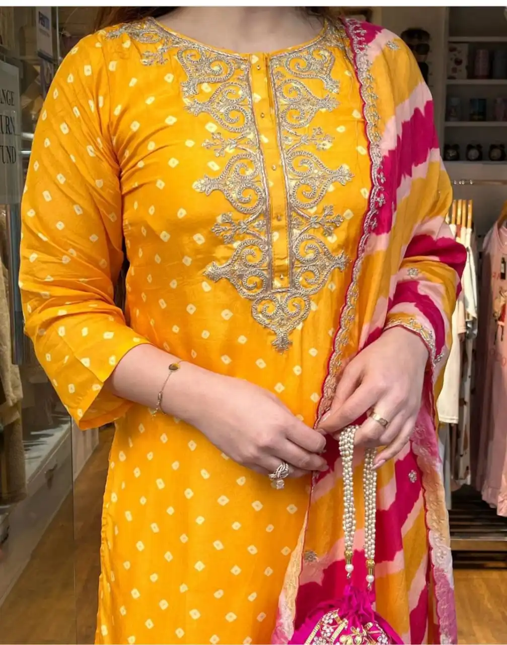 New Modern Beautiful Handcrafted Embroidery on Kurta Solid Pant Pajama with Leheriya Style Dupatta Traditional Indian Made