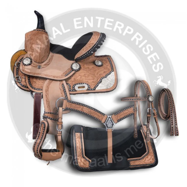 Manaal Enterprises Premium Leather Western Barrel Racing Adult Horse Saddle Get Headstall, Breast Collar, & Reins, Size 14 to 18