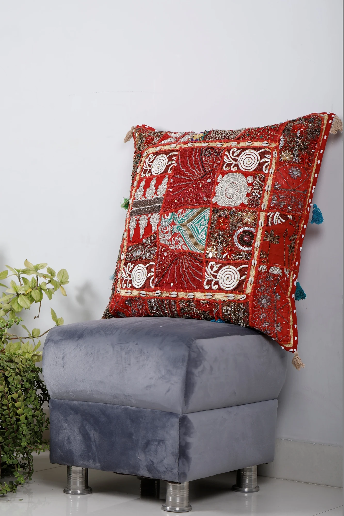 Indian Handmade Pillow Cover Vintage Patchwork Cushion Cover Traditional Pillow Case Tasseled Embroidered Cushion Cover
