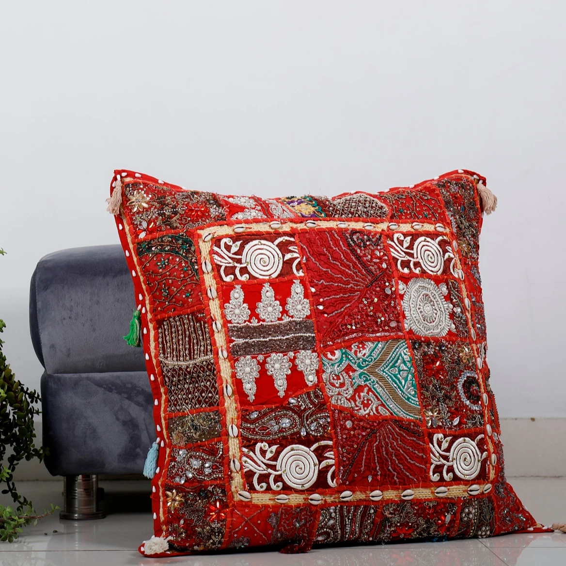 Indian Handmade Pillow Cover Vintage Patchwork Cushion Cover Traditional Pillow Case Tasseled Embroidered Cushion Cover