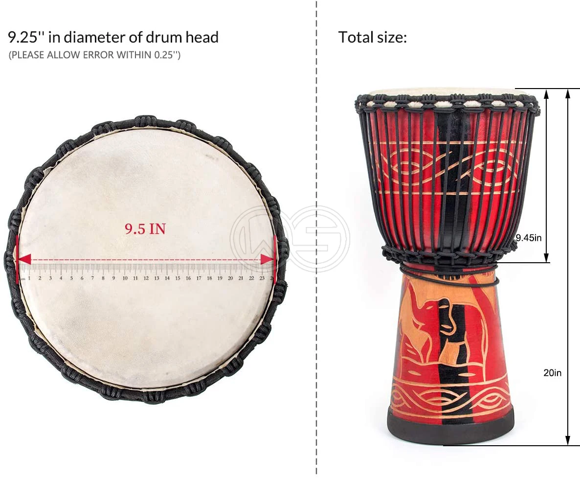 African Drum Djembe, Bon-go Congo Drum Hand-Carved 9.5' x 20' Mahogany Goatskin Drumhead for Kids Adults Beginners (Red)