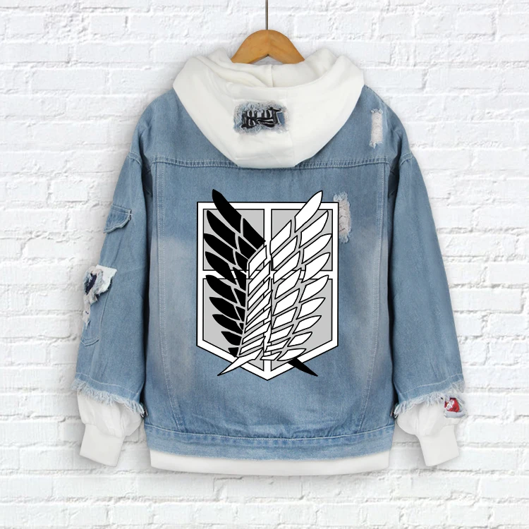 Attack on Titan Hooded Jacket Anime Print Denim Jacket Wholesale Blue Denim Jacket