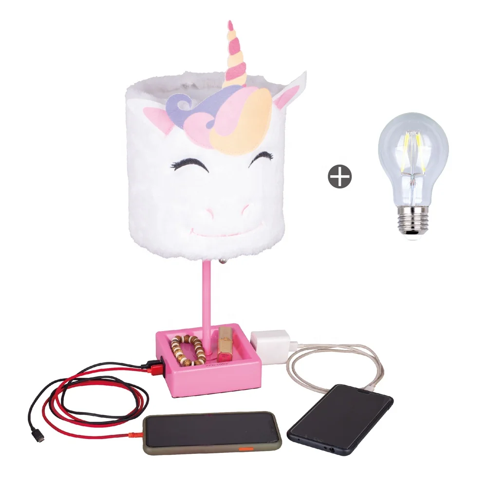 BKLT-PV6 China Manufacturer Modern Brown Metal Plush Cartoon Reading Unicorn table lamp with plush shade USB port AC outlet
