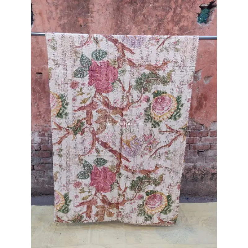 Роскошное постельное белье домашний декор бежевый индийский цветочный принт ручной работы Хлопковое одеяло Kantha красивое цветочное покрывало оптом