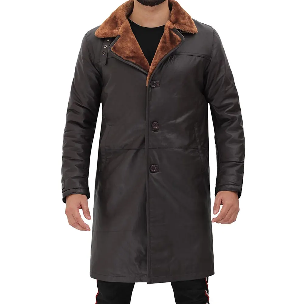 OEM Sheepskin Leather Bomber Jacket with Detachable Hood pure leather long coat for men