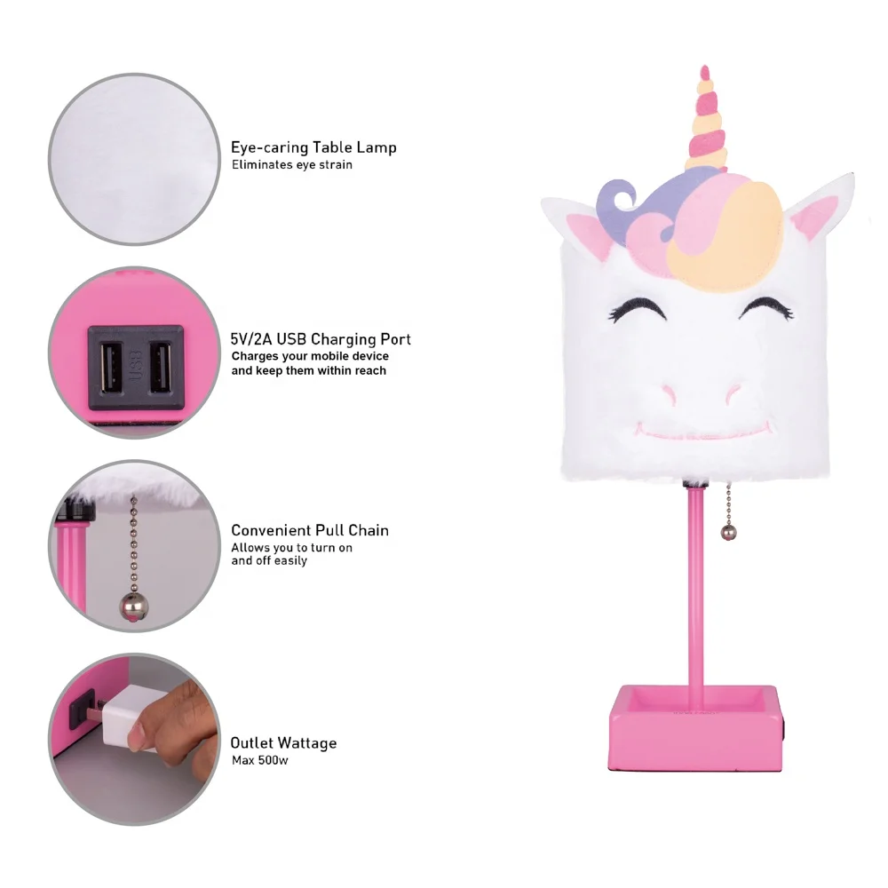 BKLT-PV6 China Manufacturer Modern Brown Metal Plush Cartoon Reading Unicorn table lamp with plush shade USB port AC outlet