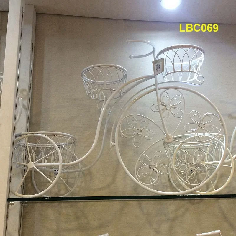 LBC068 ornamental white bicycle metal plant stand iron flower stand wholesale