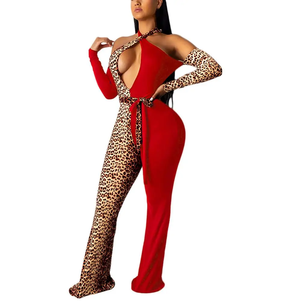 
Wholesale Sexy Yellow Leopard Patchwork Waist Knot Contouring Sensation ladies rompers 