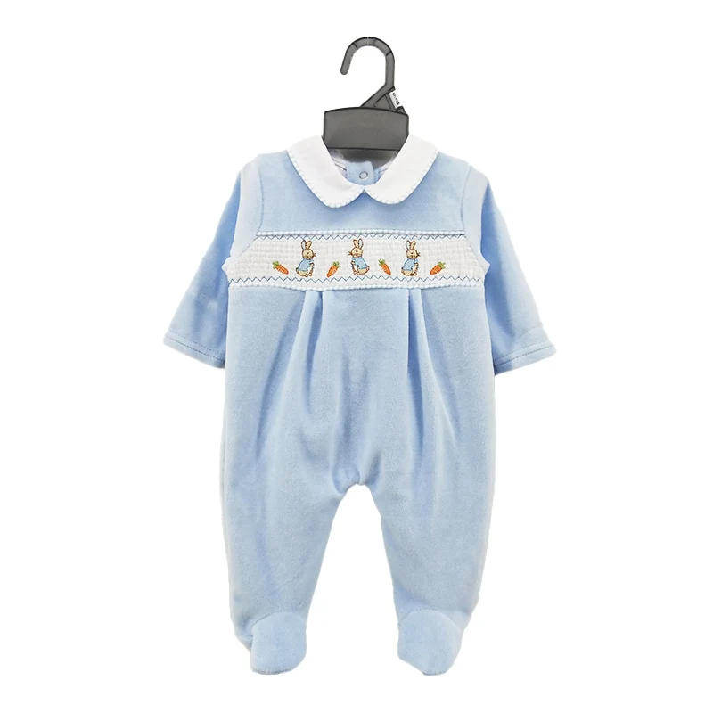 2022 Factory hot sell cute embroidery velour warm baby all season smocking romper for 0-6M baby