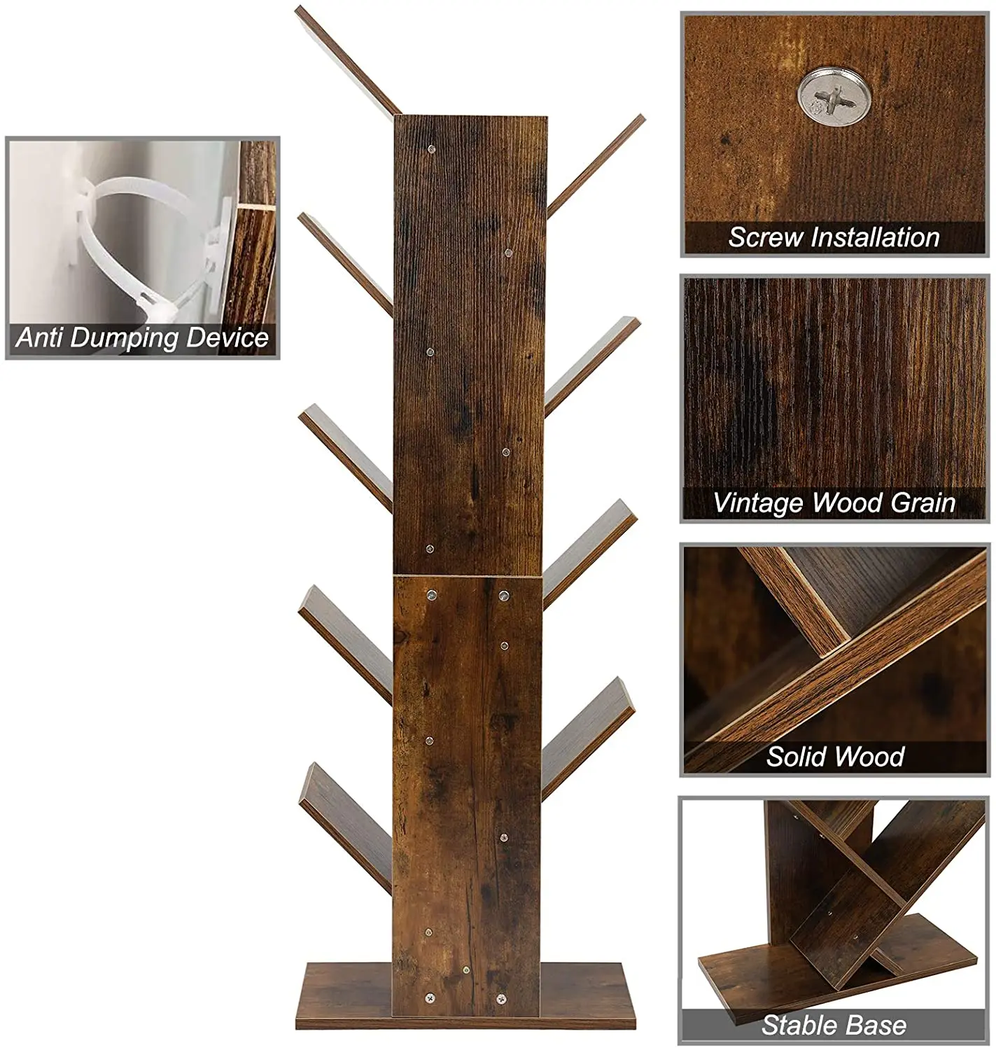 9-Shelf Wooden Tree Bookshelf, Floor Standing Tree Bookshelf