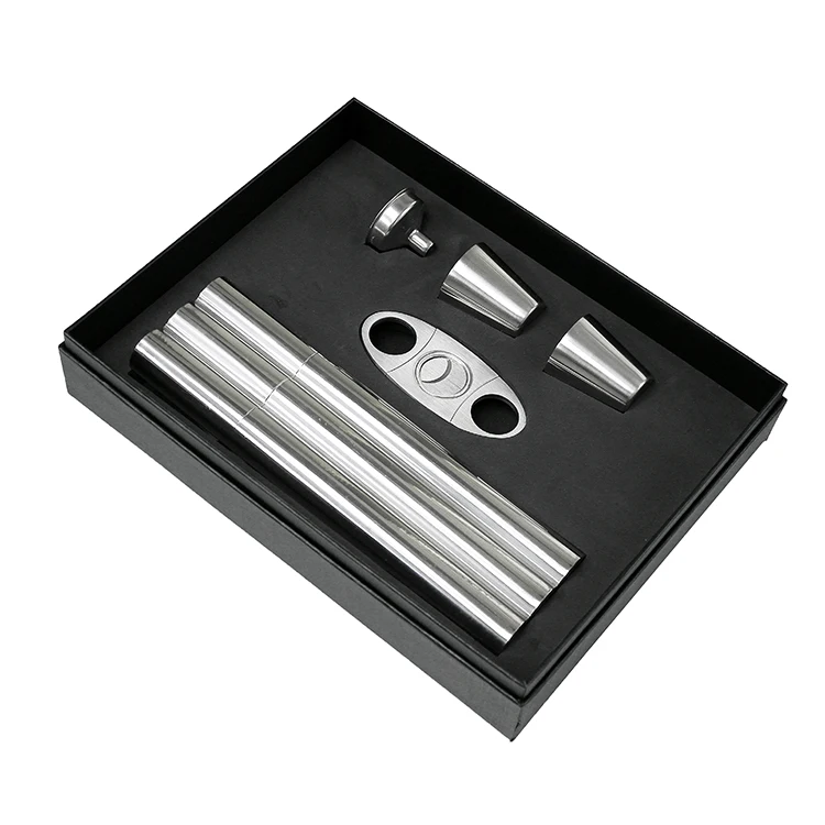 Hip Flask Gift Set with Funnel, Cigar Cutter and Case, Two Cups