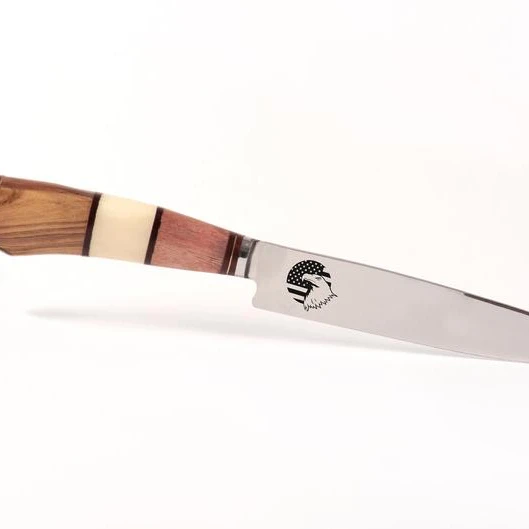 
 Лезвие из стали D2 с ручкой из Верблюжьей Кости, оливковой и розовой древесины  