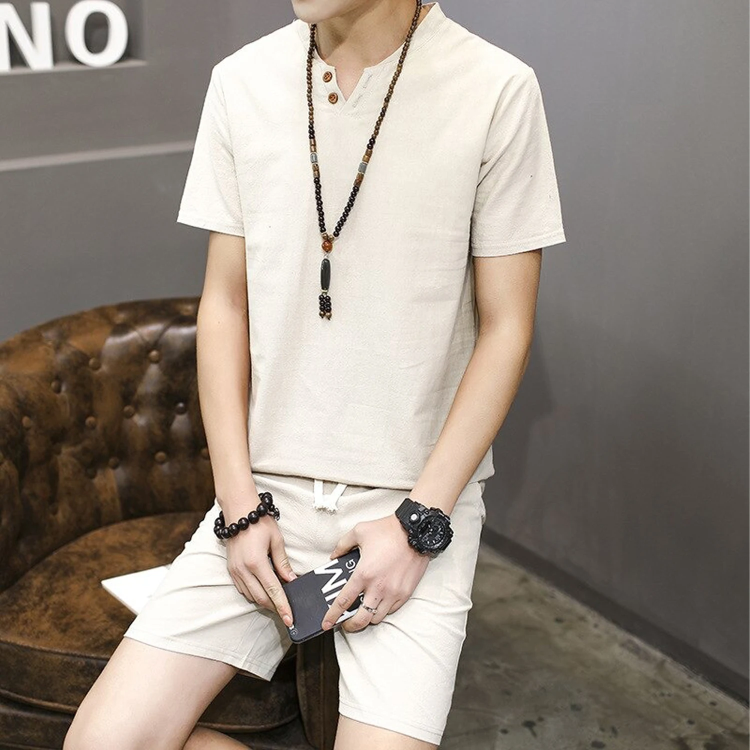 
Men T-shirt Shorts Set Linen Male Shirt Short Sleeve Shorts Two Piece Set Tracksuit Summer Comfort 