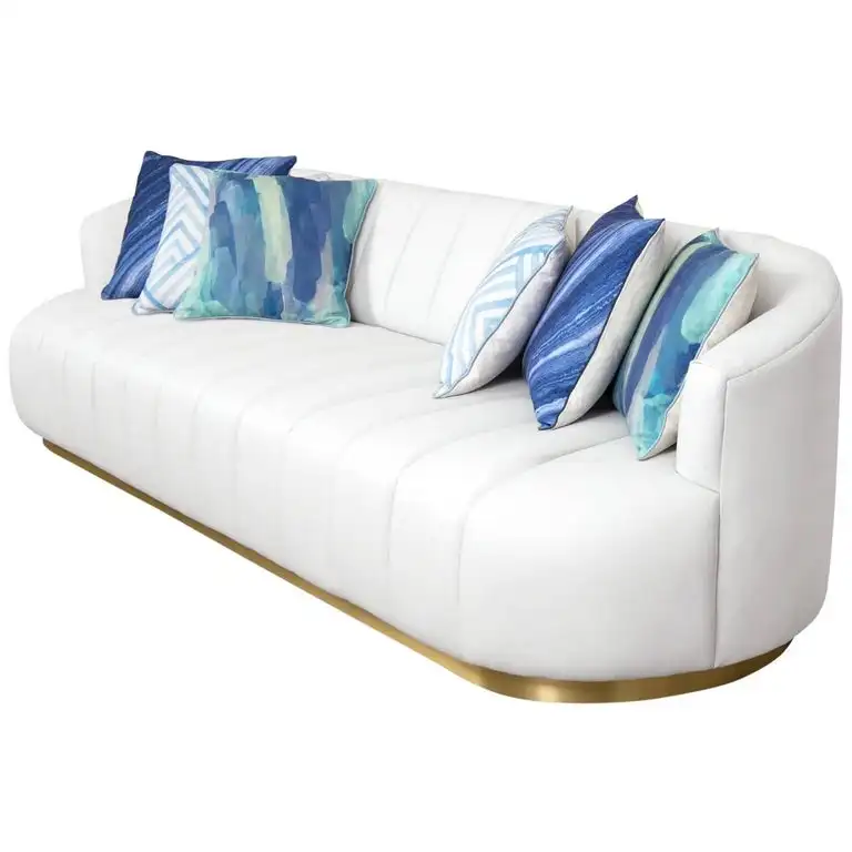 Modern Pearl White Faux Leather Metal Brass Leg Sofa