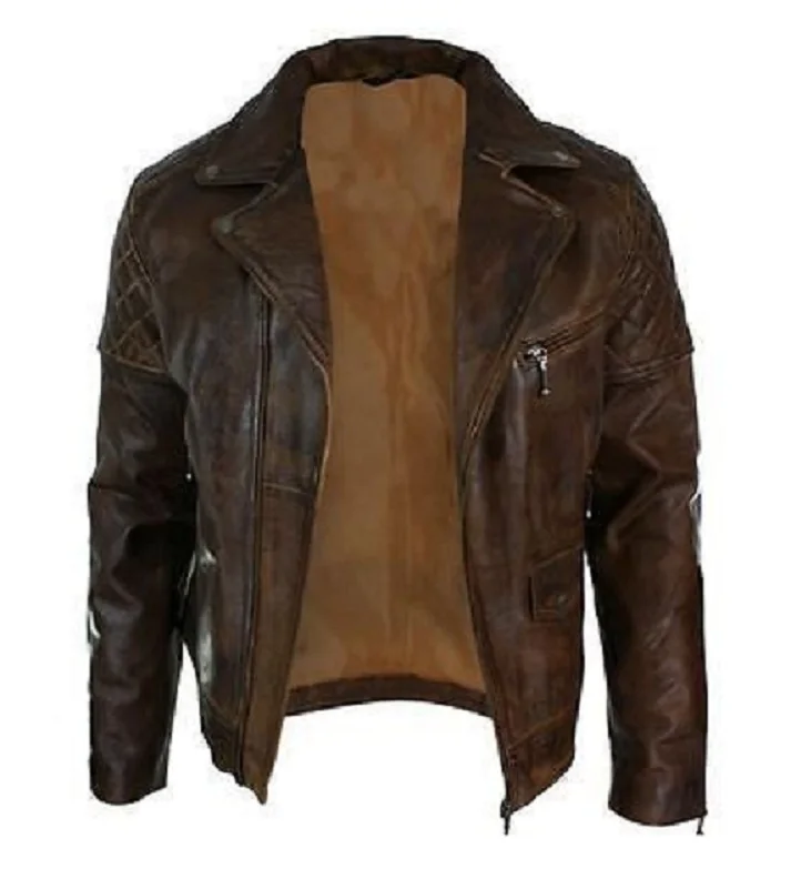 Мужская Байкерская винтажная вареная коричневая куртка из натуральной кожи, повседневная мотоциклетная модная потертая кожаная куртка на молнии в стиле ретро, OEM