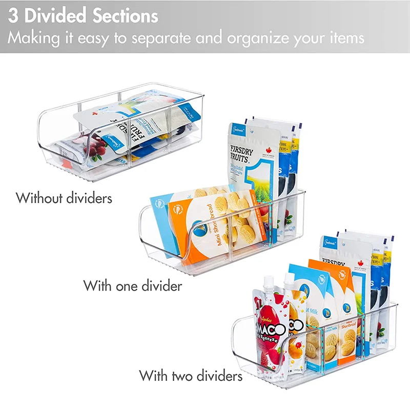 Fridge Bins for Organizing Seasoning Packets Spice Packets Pouches Snacks in Kitchen or Cabinets with 2 Removable Dividers