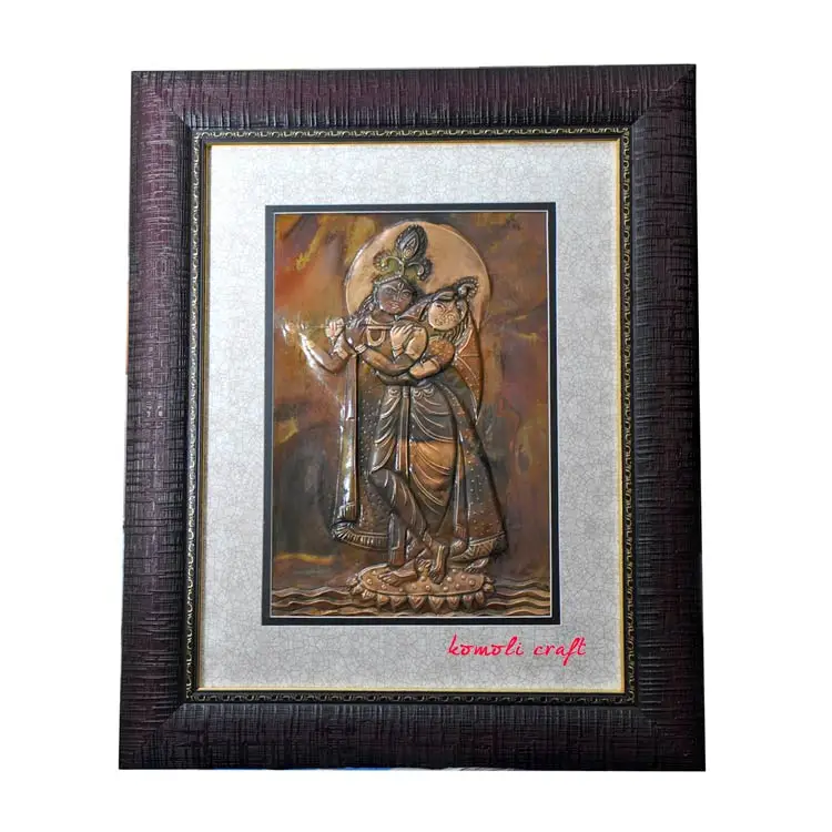 Copper Repousse Metal Modern Krishna and Radha Oil Paintings