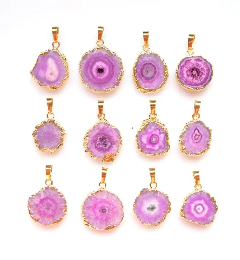 
Small pink Stalactite Solar agate druzy Slice pendant with Gold Electroplated Edges agate pendant 