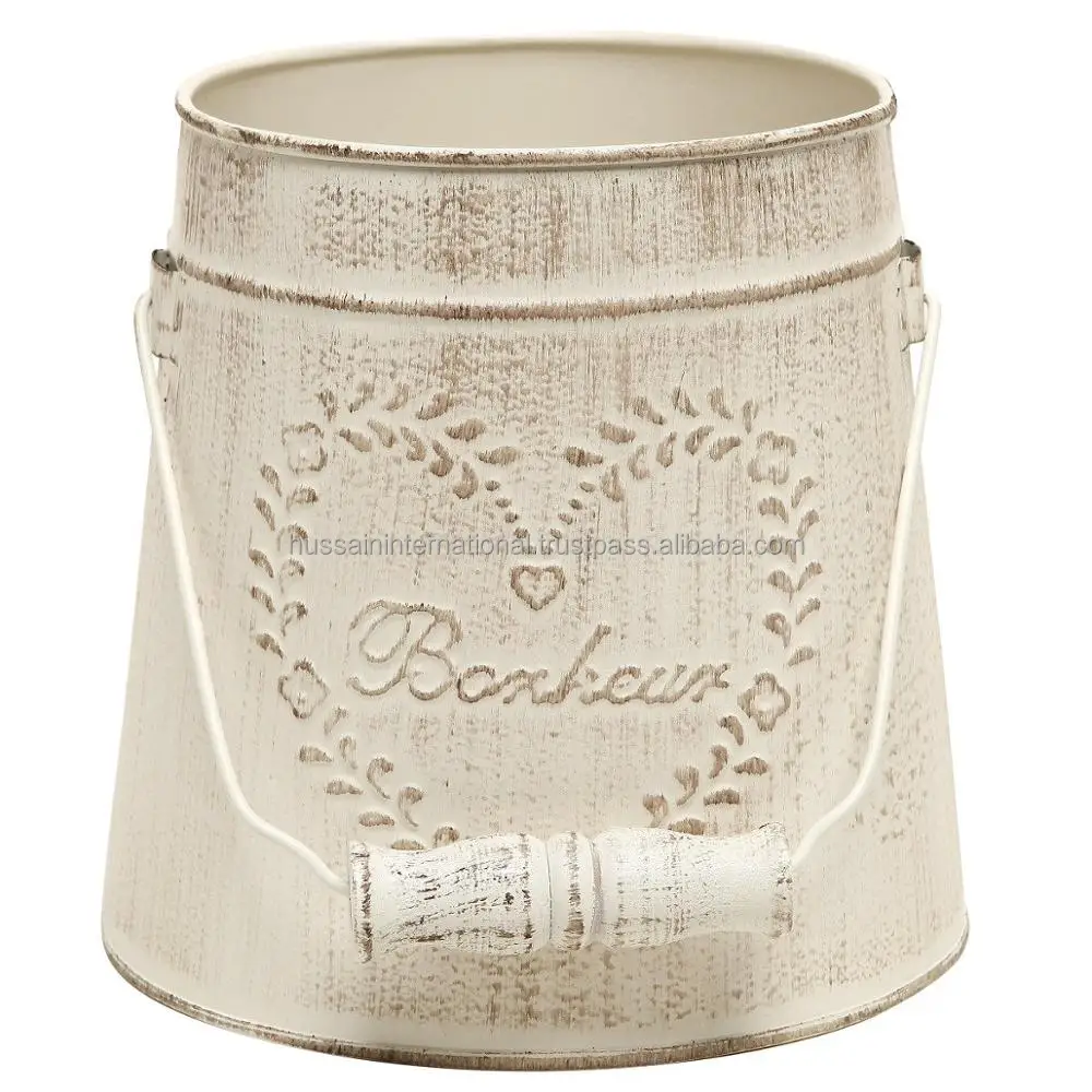Heart Embossed French Country Vintage Metal Garden Decor Bucket Centerpiece Vase Flower Holder