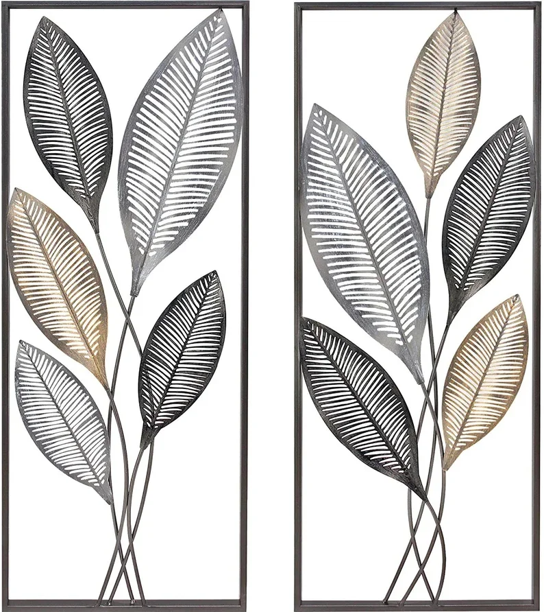 Rectangular Metal Leaves Decor Wall Plaque Floral Metal Wall Decor