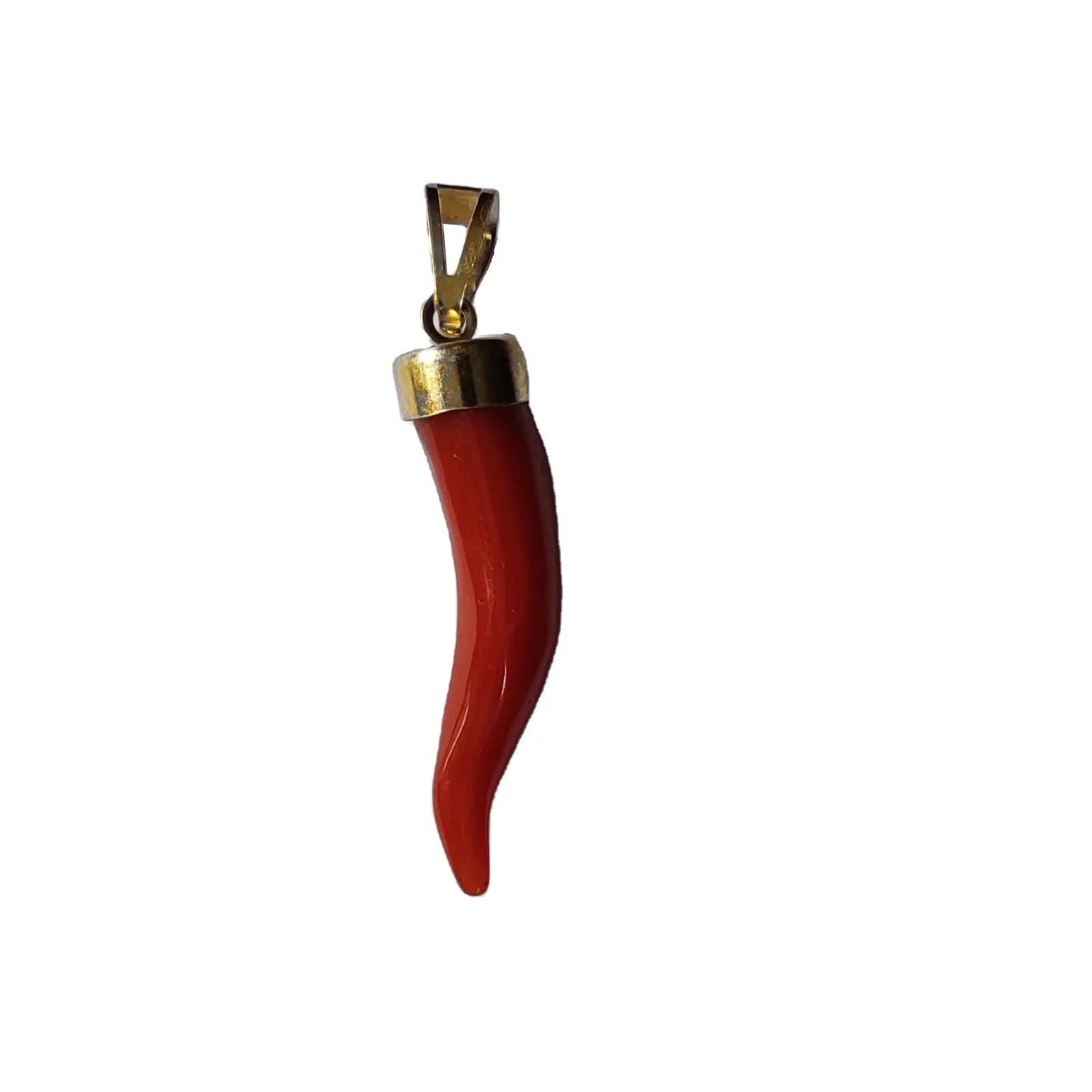 Red Coral Horn Lucky Charm Pendant Natural Shape and Color Red with 18 Carat Gold or Silver Bezel Setting Anniversary CLASSIC