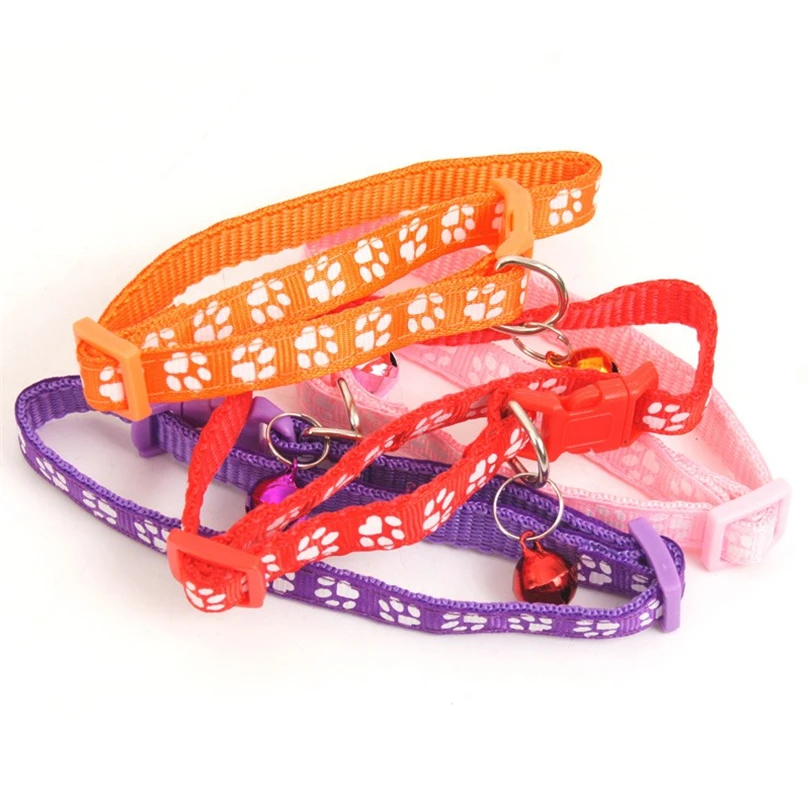 Manufacturer wholesale multi-colors paw print adjustable nylon cat dog collar with bell